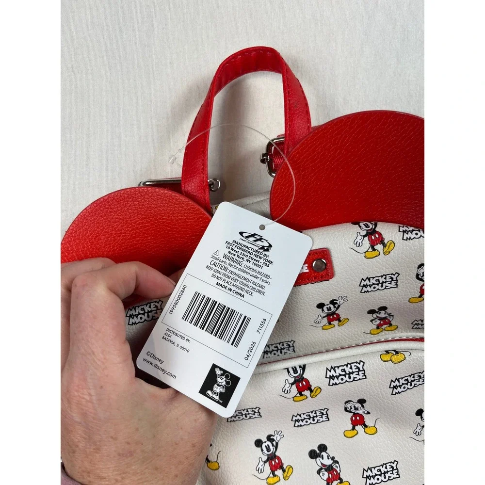 Disney Mickey Mouse Mini Backpack Cream‎ Faux Leather 3D Ears Red Straps NWT